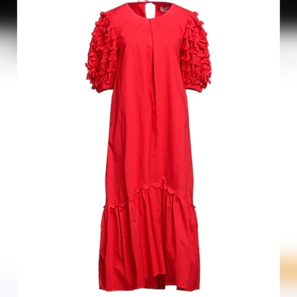 Meimeij Midi Puff Sleeve Tiered Dress in Scarlet Red Poplin Cotton Italy 44 EU